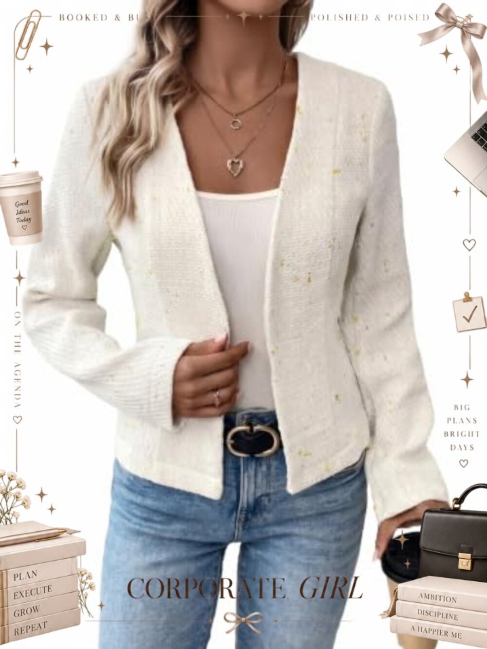 Tweed Blazer Collarless Open Front Cropped Cardigan Business Casual